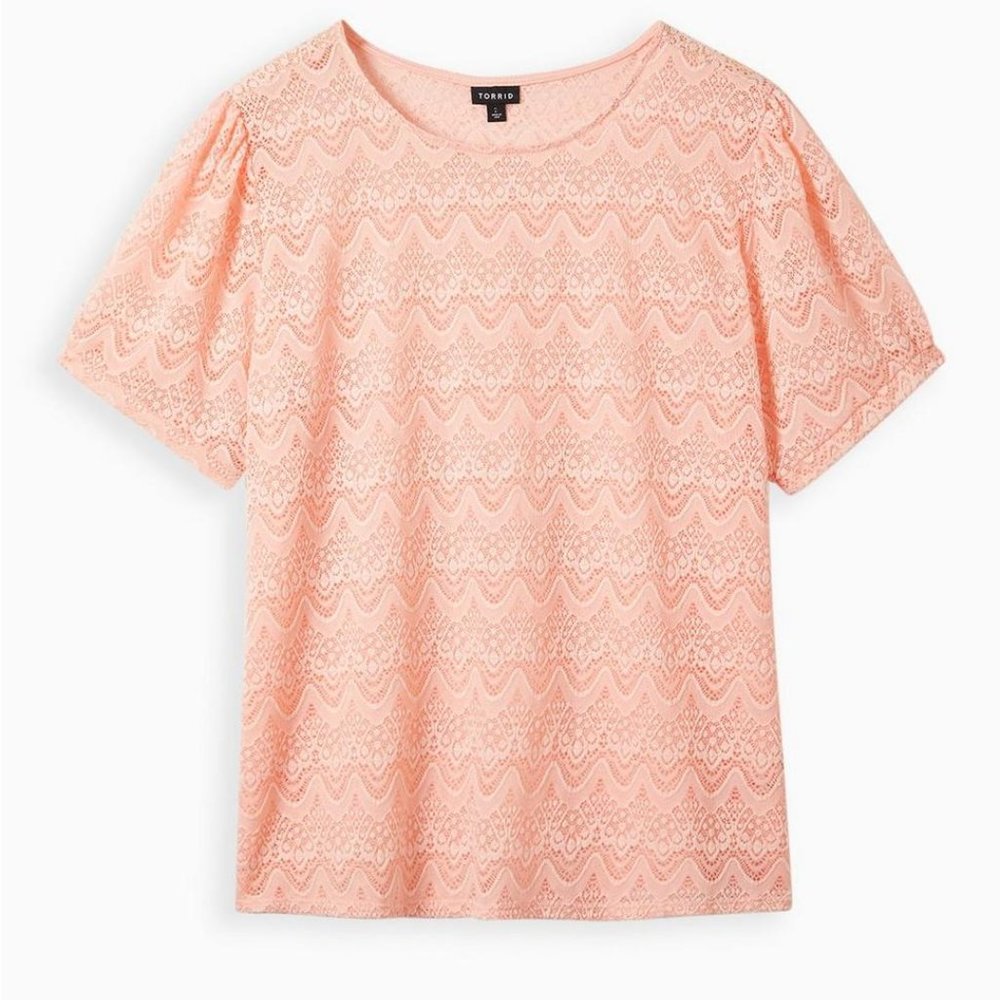 Torrid | Size 3 | Sheer Lace Puff Sleeve Top | Peachy Coral | Plus Size
